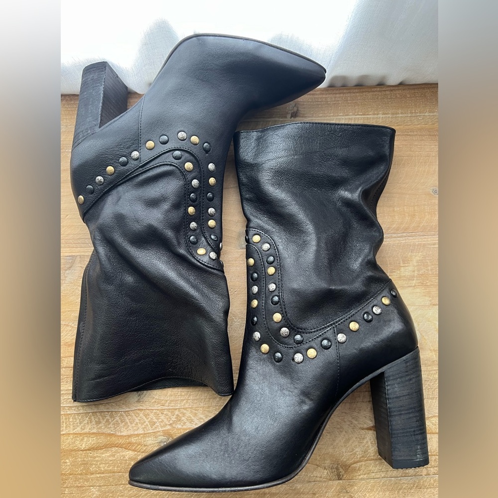 Free People Studded Dakota Heel Leather Boots Black Size 41 New - Picture 6 of 10